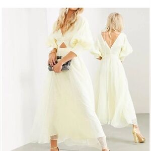 ASOS yellow Midi Dress with puff sleeves and cutout - lattice